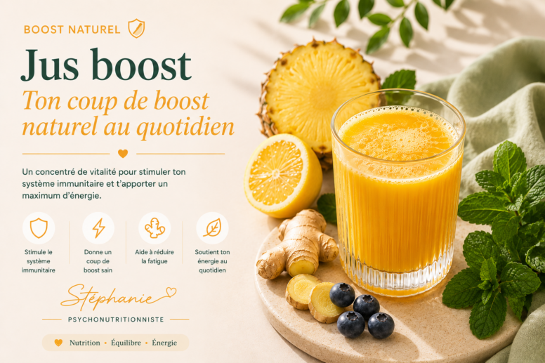 Verre de Jus boost à l'ananas, citron, gingembre et myrtilles pour le goûter.