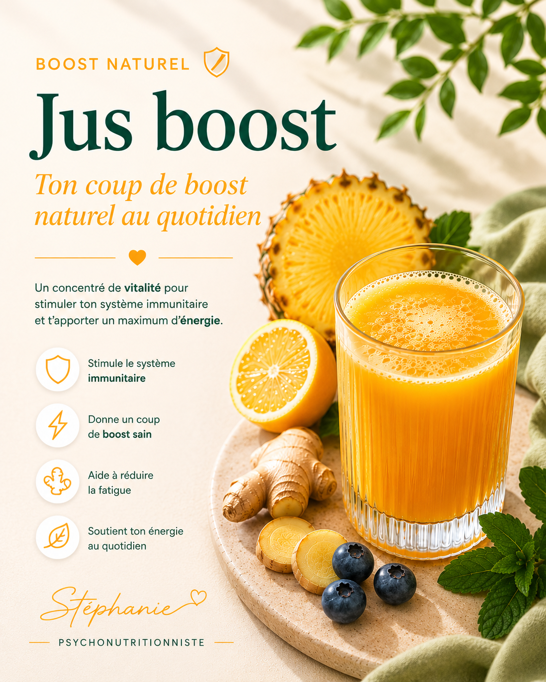 Verre de Jus boost à l'ananas, citron, gingembre et myrtilles pour le goûter.